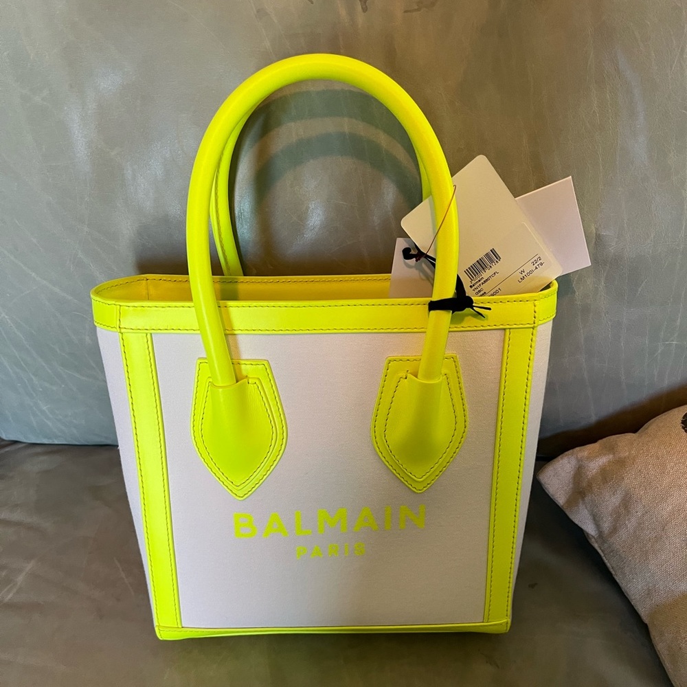 NWT Balmain leather and canvas white and yellow small summer bag